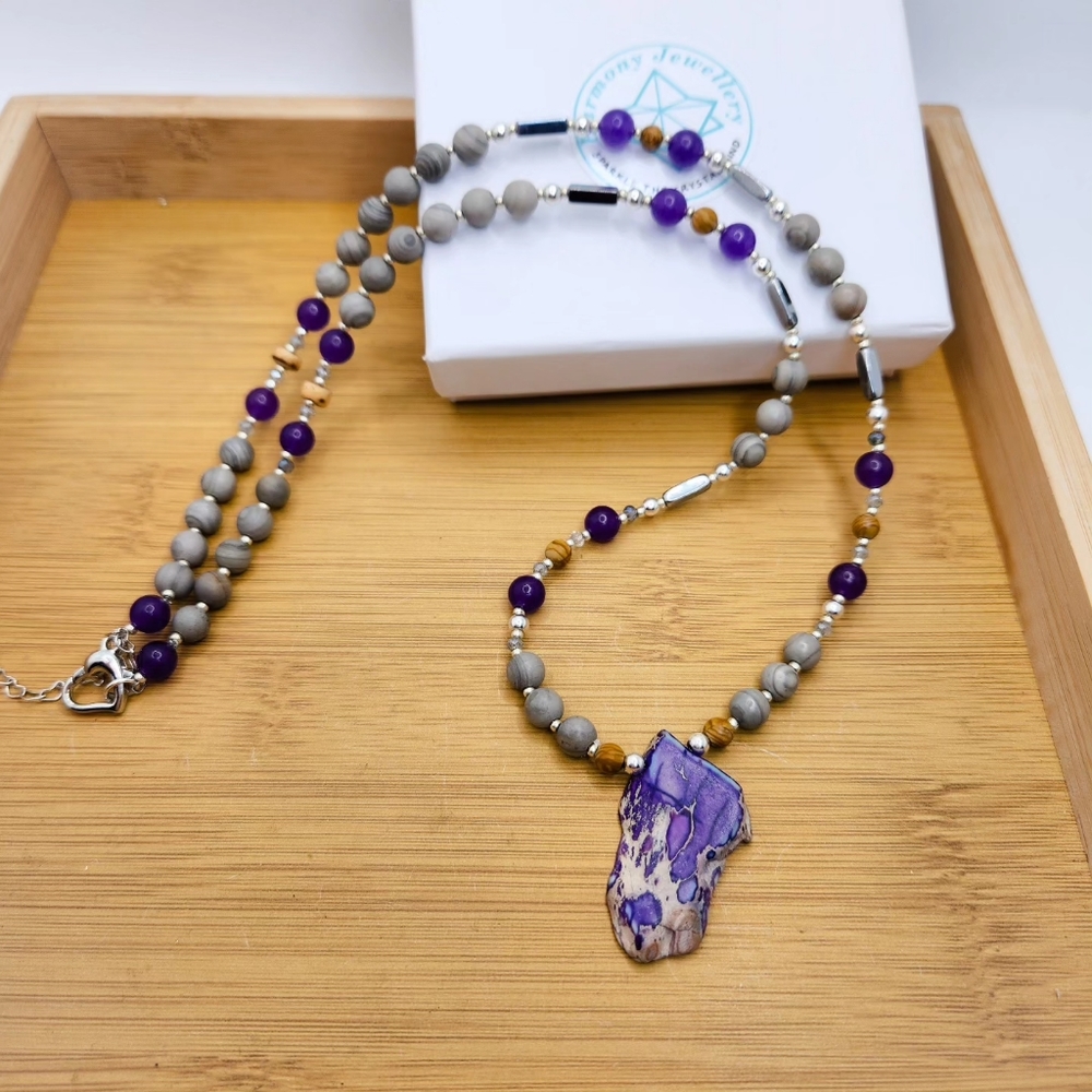 Grey Jasper, Amethyst, Purple Impression Jasper necklace